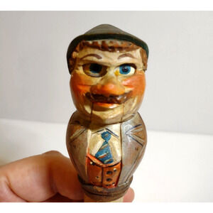 ANRI Mechanical Alpine Man Bottle Stopper Wood Hand Carved Puppet Barware Cork